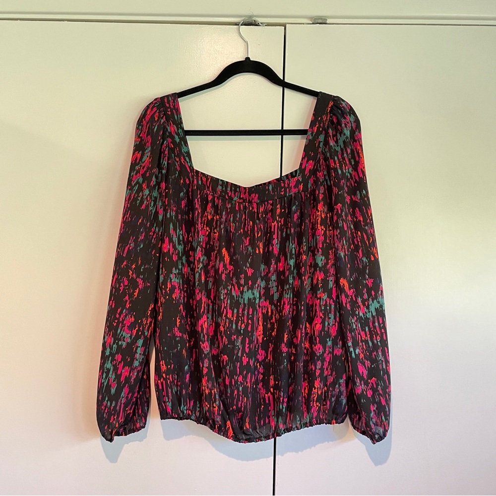 Allison Joy Top Bubble Hem and Sleeves Square Neck Vibrant Multi Print XL